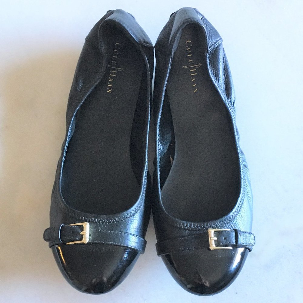 Worn once! Cole Haan Jenni ballet flat shoes, black leather, patent, gold buckle